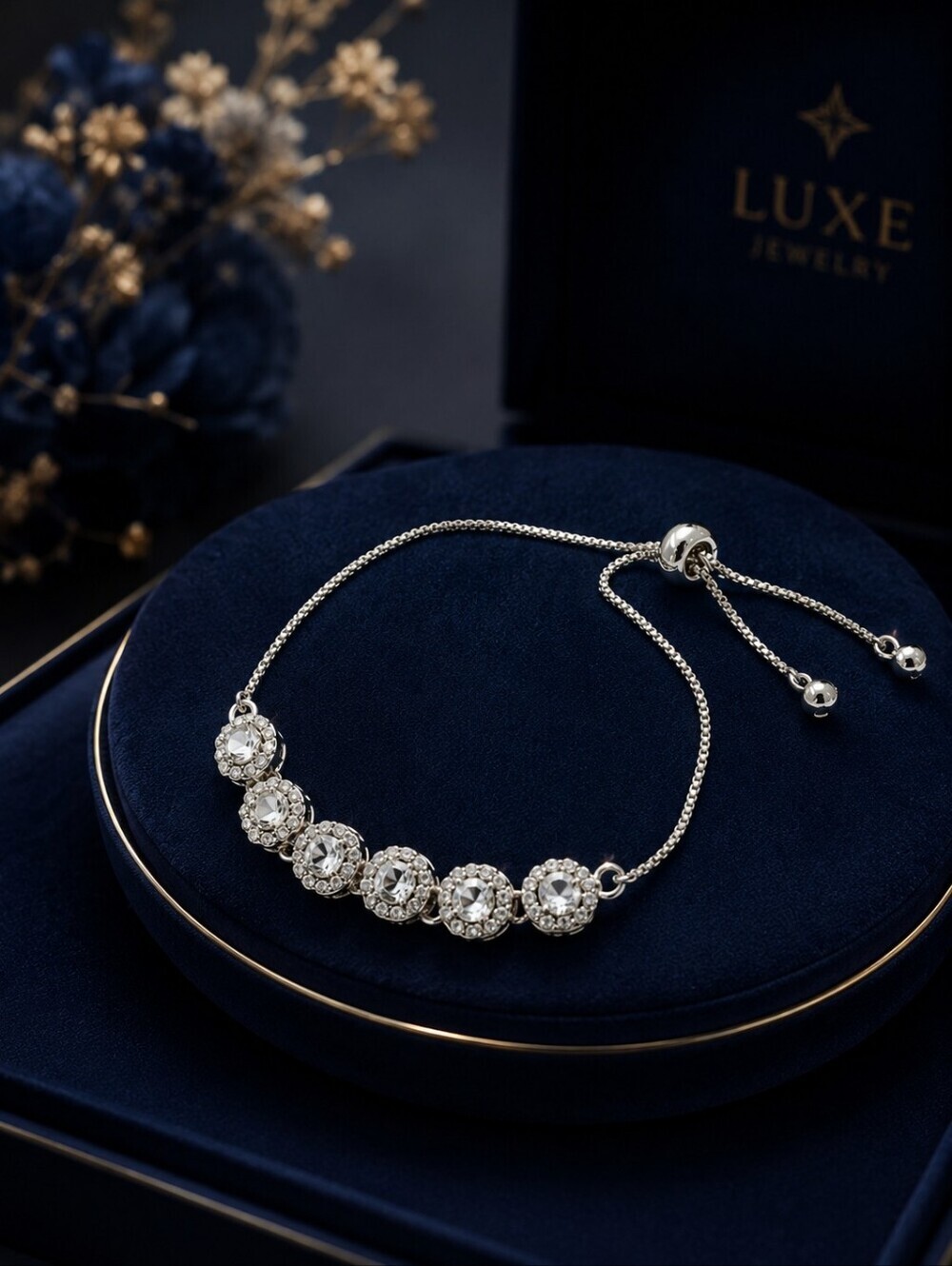 Silver Cubic Zirconia Station Slider Bracelet